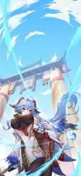 1girl absurdres ahoge alternate_breast_size bell black_pantyhose blue_hair bodystocking breasts commentary_request covered_erect_nipples cowbell day detached_sleeves floating_hair from_below ganyu_(genshin_impact) gate genshin_impact goat_horns gold_trim highres horns large_breasts long_hair neck_bell outdoors pantyhose pelvic_curtain ponytail purple_eyes sidelocks sky smile solo tassel vision_(genshin_impact) wavy_hair white_sleeves xue_yue_(zero)