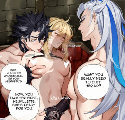 1girl 2boys black_hair blonde_hair blush breasts english_text eriimyon foreplay genshin_impact grabbing_another&#039;s_breast groping group_sex hair_between_eyes hetero highres imminent_penetration implied_fingering long_hair lumine_(genshin_impact) medium_breasts mmf_threesome multicolored_hair multiple_boys neuvillette_(genshin_impact) short_hair short_hair_with_long_locks speech_bubble threesome tongue tongue_out very_long_hair white_hair wriothesley_(genshin_impact) yellow_eyes
