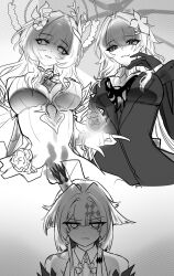 Rule 34 | 3girls, absurdres, bare shoulders, breasts, cerydra (honkai: star rail), choikfu, commentary, coreflame (honkai: star rail), crown, cyrene (honkai: star rail), detached sleeves, dress, evernight (honkai: star rail), flower, gloves, greyscale, hair flower, hair intakes, hair ornament, halo, highres, holding, honkai: star rail, honkai (series), large breasts, long hair, march 7th (honkai: star rail), monochrome, multiple girls, parted lips, partially shaded face, sweatdrop, symbol-only commentary, very long hair