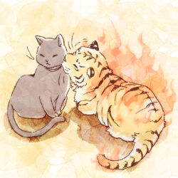 Rule 34 | alternate size, animal, animal ears, black cat, black fur, burning, cat, cat ears, cat tail, closed eyes, demon (megami tensei), devil summoner (series), face-to-face, facing another, fire, gdon (megami tensei), gouto, meji, sitting, striped fur, tail, tiger, tiger ears, tiger stripes, tiger tail, yellow background