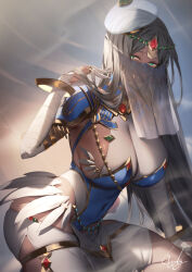 1girl arm_wrap armlet armor bandaged_arm bandages black_hair blue_armor bracelet breastplate breasts bridal_gauntlets circlet cleavage dark-skinned_female dark_skin fate/grand_order fate_(series) forehead_jewel genyaky gold_trim green_eyes hat highres jewelry large_breasts long_hair looking_at_viewer mouth_veil parted_bangs pauldrons pelvic_curtain ring scheherazade_(fate) see-through_clothes see-through_cleavage shoulder_armor sideboob solo thighlet thighs veil