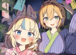 2girls ahoge black_hair blonde_hair blue_eyes blue_hair blue_kimono blue_nails blurry blurry_background blush breasts center-flap_bangs commentary depth_of_field dooby_(vtuber) fang fingernails fireworks floral_print floral_print_kimono green_eyes hair_between_eyes hair_ornament hand_up highres holding holding_fireworks indie_virtual_youtuber japanese_clothes kimono medium_breasts multicolored_hair multiple_girls nail_polish night open_mouth orobou pink_kimono print_kimono sameko_saba short_hair sign smile sparkler streaked_hair striped_clothes striped_kimono tanabata teeth thick_eyebrows upper_teeth_only vertical-striped_clothes vertical-striped_kimono virtual_youtuber whistle yukata
