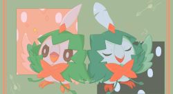 alternate_color animal_focus arrow_(projectile) artist_name bird black_eyes bright_pupils closed_eyes closed_mouth cosplay decidueye decidueye_(cosplay) full_body gen_7_pokemon green_background green_theme highres lemonade_kokoi motion_lines nintendo no_humans notice_lines open_mouth pokemon pokemon_(creature) puff_of_air rowlet shiny_and_normal shiny_pokemon signature sparkle standing symmetry twitter_username u_u v-shaped_eyebrows white_pupils