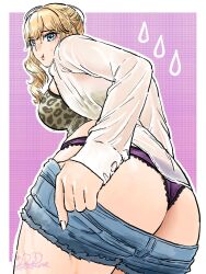 1girl 2025 aotakana ass blonde_hair blue_eyes blue_shorts border bra breasts camouflage clothes_pull commentary commission curly_hair denim denim_shorts embarrassed english_commentary erina_(gyaru_unko!) fingernails foreshortening green_bra gyaru_unko! highres large_breasts lips long_fingernails long_sleeves original outside_border panties pants pants_pull pout purple_background purple_panties shirt shorts side_ponytail simple_background thick_thighs thighs underwear undressing variant_set white_shirt
