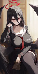 1girl absurdres ascot black_choker black_gloves black_hair black_shirt black_skirt black_thighhighs black_wings blue_archive blush breasts choker closed_mouth feathered_wings food gloves hair_between_eyes hand_on_own_cheek hand_on_own_face hasumi_(blue_archive) highres holding holding_food large_breasts long_bangs long_hair looking_at_viewer re_naya red_ascot shirt sidelocks skirt smile solo thighhighs wings