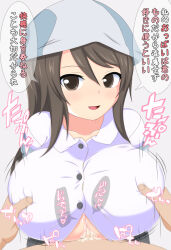 1boy 1girl blush breasts breasts_squeezed_together brown_eyes brown_hair cum cum_on_body cum_on_breasts cum_on_upper_body girls_und_panzer hetero large_breasts looking_at_viewer mika_(girls_und_panzer) nyuumura_asa open_mouth paizuri paizuri_under_clothes penis pov translation_request tulip_hat
