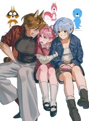 0820_lakia 3girls animal_ears arm_hug black_shirt blue_hair blue_jacket brown_hair brown_jacket character_request clenched_teeth commentary_request copyright_request hand_on_own_hip highres jacket korean_commentary looking_at_another multiple_girls otter_ears otter_girl pink_eyes pink_hair pink_sweater raccoon_ears raccoon_girl raccoon_tail reference_inset seashell shell shirt short_hair shorts simple_background sitting squirrel_ears squirrel_girl sweater tail teeth toned toned_female white_background yellow_eyes