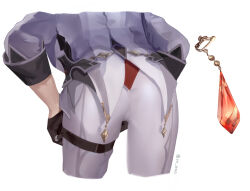 1boy ass ass_focus black_gloves earrings from_behind genshin_impact gloves hashtag-only_commentary highres jewelry lower_body male_focus pants ring simple_background solo tartaglia_(genshin_impact) thigh_strap twitter_username vc_ooo white_background