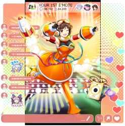 Rule 34 | 1girl, alternate costume, armpits, black gloves, breasts, chat log, dress, eyewear on head, fingerless gloves, game cg, gloves, hata no kokoro, hata no kokoro (multi-display3r), headphones, heart, high heels, highres, leg up, merlin prismriver, merlin prismriver (second eldest memory leaker), official art, one eye closed, open mouth, orange-framed eyewear, orange dress, rocket, rotte (1109), science fiction, smile, solo, sparkle, speaker, standing, standing on one leg, third-party source, touhou, touhou lostword, translation request, transparent background, tsukumo yatsuhashi, user interface