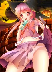 1girl cameltoe cellphone clothes_lift female_focus gasai_yuno highres jack-o&#039;-lantern knife long_hair mirai_nikki open_mouth panties phone pink_eyes pink_hair rinsu skirt skirt_lift solo underwear
