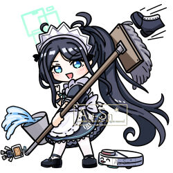 1girl :d ^_^ absurdres apron aqua_eyes aqua_halo aqua_ribbon aris_(blue_archive) aris_(maid)_(blue_archive) artist_name back_bow black_boots black_dress black_hair black_shoes black_wrist_cuffs blue_archive blush boots bow bucket chibi chinese_commentary closed_eyes commentary_request dress frilled_apron frilled_dress frills full_body halo hand_up high_ponytail highres holding holding_mop kei_(robot)_(blue_archive) long_hair long_sidelocks looking_at_viewer maid maid_apron maid_headdress mary_janes merchandise_available mop motion_lines neck_ribbon number_print objectification official_alternate_costume official_alternate_hairstyle open_mouth pantyhose parted_bangs ponytail puffy_short_sleeves puffy_sleeves rectangular_halo ribbon robotic_vacuum_cleaner sensei_(blue_archive) shoes short_sleeves sidelocks simple_background smile solo spilling standing tongue tongue_out unworn_boots very_long_hair water watermark white_apron white_background white_bow white_headdress white_pantyhose wrist_cuffs yimaxue