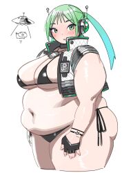 1girl abduction alien belly bikini black_bikini black_gloves blush bracelet breasts choker cleavage dog_tags fat fat_woman fingerless_gloves from_side gloves green_eyes green_hair hair_ornament headphones highres jewelry large_breasts long_hair navel open_clothes open_vest original pig side-tie_bikini_bottom sleeveless solo standing swimsuit thick_arms thick_thighs thighs twintails ufo utoka vest white_background wristband