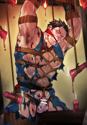 Rule 34 | 1boy, abs, architecture, armpit hair, armpits, bara, bdsm, blush, bondage, bound, brown hair, bulge, candle, candle wax, closed eyes, east asian architecture, erection, erection under clothes, fire, fundoshi, gagged, highres, ichimonji batsu, japanese clothes, justice gakuen, male focus, male underwear, masochism, muscular, nipples, pectorals, penis, school uniform, see-through clothes, shibari, short hair, sitting, sweat, taiyou gakuen uniform, thick thighs, thighs, torn clothes, underwear, uruonurun, v-shaped eyebrows, wax play