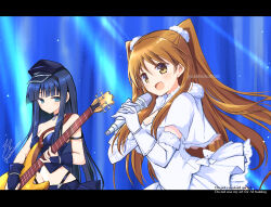 2girls :d bare_shoulders black_bridal_gauntlets black_choker black_hair black_hairband black_hat black_skirt blue_eyes blunt_bangs blush bow breasts bridal_gauntlets brown_hair capelet choker cleavage cleavage_cutout closed_mouth clothing_cutout commentary_request cowboy_shot crop_top dress dress_bow elbow_gloves floating_hair frilled_dress frills fur-trimmed_capelet fur-trimmed_gloves fur_trim gloves guitar hair_between_eyes hairband hat highres holding holding_guitar holding_instrument instrument long_hair looking_ahead looking_at_viewer midriff multiple_girls music navel ogiso_setsuna open_mouth peaked_cap playing_guitar playing_instrument sidelocks signature singing skirt smile stage star_(symbol) star_choker straight_hair touma_kazusa twitter_username two_side_up usetsusakon2 very_long_hair white_album_(series) white_album_2 white_bow white_capelet white_dress white_gloves yellow_eyes