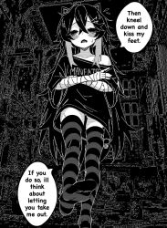 1girl animal_ears bags_under_eyes bandaged_arm bandages blush cat_ears clothes_writing collarbone crossed_bangs derivative_work english_text fang feet flying_sweatdrops foot_out_of_frame from_below greyscale hair_between_eyes highres kittirea long_hair looking_at_viewer monochrome no_shoes off-shoulder_shirt off_shoulder open_mouth original panties pantyshot presenting_foot shirt single_off_shoulder skin_fang skindentation soles solo speech_bubble striped_clothes striped_panties striped_thighhighs sweat thighhighs underwear very_long_hair