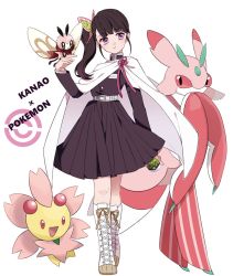 1girl akym alternate_color animal animal_on_hand bad_id bad_twitter_id black_hair boots butterfly_hair_ornament cape character_name cherrim cherrim_(sunshine) commentary_request copyright_name cross-laced_footwear crossover friend_ball full_body gen_4_pokemon gen_7_pokemon hair_ornament highres kimetsu_no_yaiba long_hair lurantis nintendo poke_ball pokemon pokemon_(creature) purple_eyes ribombee shiny_pokemon side_ponytail simple_background standing tsuyuri_kanao white_background white_cape white_footwear