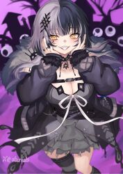 1girl black_choker black_coat black_dress black_hair black_nails black_thighhighs breasts choker cleavage coat dress fur-trimmed_coat fur_trim grey_hair hands_on_own_cheeks hands_on_own_face highres hololive hololive_english jewelry large_breasts long_hair looking_at_viewer multicolored_hair ribbon ring shiori_novella shiori_novella_(1st_costume) single_thighhigh solo split-color_hair striped_clothes striped_thighhighs ten-chan_(eternal_s) thighhighs two-tone_hair virtual_youtuber white_ribbon yellow_eyes yorick_(shiori_novella)