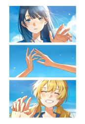 2girls ^_^ ado_(utaite) aoi_(ado) blonde_hair blue_eyes blue_hair blush clenched_teeth closed_eyes commentary highres himawari_(ado) hinata_(ado) holding_hands interlocked_fingers long_hair mele_ck multiple_girls sky smile teeth very_long_hair