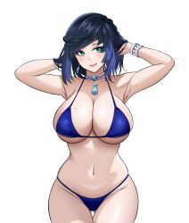 1girl armpits arms_up bare_shoulders bikini blue_bikini blue_hair bob_cut breasts cleavage curvy diagonal_bangs dice genshin_impact gluteal_fold green_eyes hand_in_own_hair highres large_breasts mole mole_on_breast navel short_hair solo swimsuit tassel tassel_choker thigh_gap tongue tongue_out underboob yelan_(genshin_impact) zuyu_(zuyuzuyu6)
