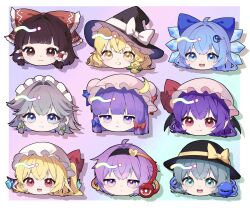 6+girls :d bat_wings black_hairband black_hat blonde_hair blue_bow blue_eyes blue_hair blunt_bangs border bow braid brown_eyes brown_hair bun_cover chibi chibi_only cirno closed_mouth commentary_request crystal_wings double_bun fang fang_out flandre_scarlet frilled_bow frilled_hair_tubes frills green_bow green_eyes green_hair grey_hair grin hair_bow hair_bun hair_tubes hairband hakurei_reimu hat hat_bow hat_ribbon head_only highres ice ice_wings izayoi_sakuya kirisame_marisa ko_gyoku komeiji_koishi komeiji_satori maid_headdress mob_cap multiple_girls open_mouth outside_border patchouli_knowledge pink_hat purple_eyes purple_hair red_bow red_eyes red_ribbon remilia_scarlet ribbon shadow short_hair sidelocks single_braid skin_fang smile teeth third_eye touhou twin_braids upper_teeth_only white_border white_bow wings witch_hat yellow_bow yellow_eyes