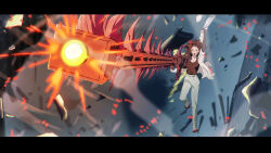 1boy 1girl absurdres big_chunger black_gloves black_hair black_tank_top chainsaw_man debris denji_(chainsaw_man) elbow_gloves facial_scar gloves grey_pants gun highres long_hair midair open_mouth pants scar scar_on_cheek scar_on_face scar_on_nose tank_top weapon yoru_(chainsaw_man)