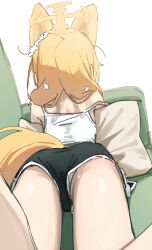absurdres animal_ears black_shorts blonde_hair blue_archive couch fox_ears fox_tail from_behind halo head_wreath highres lying on_couch on_stomach panties pillow seia_(blue_archive) shorts sweatdrop syhan tail tank_top underwear upshorts white_tank_top yellow_halo
