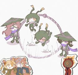 1boy 1other 5girls :d absurdres black_hair brown_hair cai8510 clock commentary_request conical_hat dante_(limbus_company) don_quixote_(project_moon) double_bun e.g.o_(project_moon) green_eyes gregor_(project_moon) hair_bun heishou_pack-mao_branch_(identity)_(project_moon) heishou_pack-si_branch_(identity)_(project_moon) highres holding_hands hundred-footed_death_maggot_(e.g.o) ishmael_(project_moon) jump_rope jumping limbus_company long_arms multiple_girls open_mouth orange_hair outis_(project_moon) ponytail project_moon purple_eyes red_sheet_(e.g.o) rodion_(project_moon) ryoshu_(project_moon) scarf sleeves_past_fingers sleeves_past_wrists smile talisman yellow_eyes