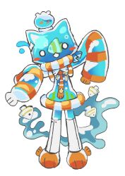 1girl animal_ears animal_feet bomal1215_(style) cat_ears cat_girl cat_tail commentary cyber_fashion dress english_commentary fins fish fishbowl frutiger_aero furry furry_female highres inflatable_toy kalawakan liquid_tail looking_at_viewer necktie orange_necktie original simple_background solo tail tropical_fish very_long_sleeves white_background