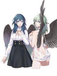 1girl alternate_costume alternate_hair_color ass black_wings blue_eyes blue_hair butt_crack clovisxvii commentary_request cropped_legs feathered_wings female_byleth_(enlightened)_(fire_emblem) female_byleth_(fire_emblem) fire_emblem fire_emblem:_three_houses from_behind garreg_mach_monastery_uniform green_eyes green_hair highres looking_back medium_hair meme_attire multiple_views nintendo parted_lips simple_background virgin_killer_outfit virgin_killer_sweater white_background wings