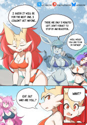 4girls :o absurdres alternate_color animal_ears beach bikini bikini_top_only blue_bikini blue_eyes blush braixen braxy_(lucyfer) curvy day english_text fingernails food gardevoir gen_3_pokemon gen_4_pokemon gen_6_pokemon glaceon highres holding holding_food looking_at_another looking_at_viewer lucyfer micro_bikini monster_girl multiple_girls nintendo open_mouth pokemon shiny_pokemon shiny_skin side-tie_bikini_bottom simple_background swimsuit tail thong thong_bikini wide_hips