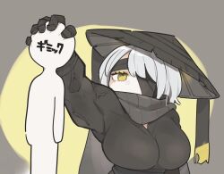 1girl 1other bandage_over_one_eye bandaged_arm bandages breasts conical_hat faust_(project_moon) grey_scarf heishou_pack-mao_branch_(identity)_(project_moon) highres holding kojocho05 large_breasts limbus_company looking_at_viewer muscular muscular_female one_eye_covered project_moon scarf short_hair simple_background solo solo_focus upper_body white_hair yellow_background yellow_eyes
