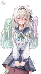 1girl bag black_hairband black_ribbon blue_skirt bow bowtie brown_bag buttons checkered_bow checkered_bowtie checkered_clothes checkered_skirt closed_eyes collared_shirt crying double-breasted firefly_(honkai:_star_rail) firefly_(spring_missive)_(honkai:_star_rail) gradient_hair green_bow green_bowtie grey_hair grey_sailor_collar hair_between_eyes hair_intakes hair_ornament hair_ribbon hairband handbag highres honkai:_star_rail honkai_(series) long_hair motion_lines multicolored_hair pleated_skirt ranran_3939 ribbon sailor_collar shaking shirt signature simple_background skirt solo tears twitter_username white_background white_shirt