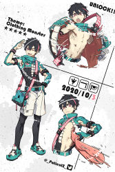 1boy ;d absurdres black_hair black_legwear reference_sheet creature dated half-sleeves hand_on_own_hip highres icon_(computing) pantyhose_under_shorts living_clothes male_focus multicolored_hair one_eye_closed open_mouth original pantyhose patient_zero pink_eyes shorts smile streaked_hair toned toned_male twitter_username white_shorts