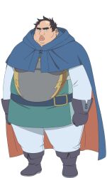 Rule 34 | 1boy, anime coloring, armor, bald, belt, black eyes, black hair, boots, busamen gachi fighter, clenched hands, cloak, closed mouth, double chin, fat, fat man, gloves, highres, long sleeves, looking at viewer, matsumoto miki, mole, obese, shigeru (busamen gachi fighter), short hair, simple background, solo, standing, tachi-e, transparent background, ugly bastard
