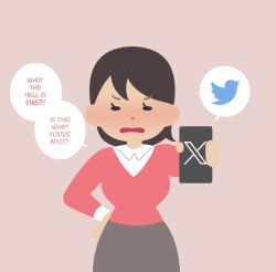 Rule 34 | 1girl, annoyed, asian, bad source, black hair, blush, breasts, chibi, english text, hand on own hip, large breasts, looking at viewer, narrow waist, netorase, open mouth, original, pink background, shirt under sweater, short hair, simple background, skirt, soraoraora, speech bubble, twitter logo