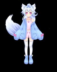 1girl animal_ear_fluff animal_ears boots camisole coat fox_ears fox_girl fox_tail highres indie_virtual_youtuber jacket lady_lilli lolita_fashion open_clothes open_coat purple_eyes rubber_boots socks sweater_jacket tail thighhighs virtual_youtuber white_hair white_socks zettai_ryouiki