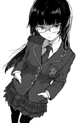 1girl blazer buttons closed_mouth collared_shirt cowboy_shot expressionless glasses gokou_ruri greyscale hands_in_pockets highres hime_cut jacket lapels long_hair looking_at_viewer miniskirt monochrome necktie ore_no_imouto_ga_konna_ni_kawaii_wake_ga_nai pantyhose pleated_skirt rhinth school_uniform shirt simple_background skirt solo straight_hair white_background