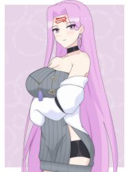 1girl absurdres black_choker black_shorts blush breasts choker collarbone cosplay dani_(angrymatthew) ear_piercing earrings eyebrows_hidden_by_hair eyes_visible_through_hair facial_mark fate/grand_order fate/stay_night fate_(series) forehead_mark highres jewelry large_breasts long_hair looking_at_viewer medusa_(fate) medusa_(rider)_(fate) mrs._snake_(fate)_(cosplay) mrs._snake_(fate) piercing purple_eyes purple_hair short_shorts shorts square_pupils strapless sweater very_long_hair