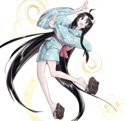 Rule 34 | 1girl, :d, absurdly long hair, ahoge, aqua kimono, araragi tsukihi, arm up, bare legs, black hair, blush, egg hair ornament, food-themed hair ornament, full body, grey eyes, hair ornament, highres, japanese clothes, kimono, legs, long hair, long sleeves, looking at viewer, maeyakara000, monogatari (series), obi, okobo, open mouth, parted bangs, platform clogs, platform sandals, print kimono, red sash, sandals, sash, short kimono, smile, snowflake print, solo, teeth, toenails, toes, upper teeth only, very long hair, white background, wide sleeves