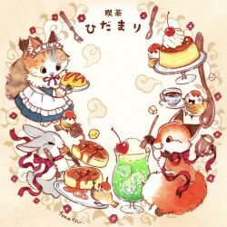1girl 2others animal_ears animal_feet animal_hands apron bird blue_dress butter calico cat_ears cat_girl cat_tail cherry commentary_request cup dress drink finch food food_focus fork fox_ears fox_tail fruit furry furry_female ice ice_cream ice_cream_float ice_cube konatsu_tunacan maid maid_headdress multiple_others original painting_(medium) pancake pancake_stack plate pouring rabbit_ears rabbit_tail red_ribbon ribbon sitting spoon syrup tail traditional_media translation_request watercolor_(medium) white_apron