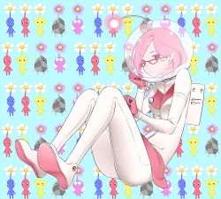 1girl alien bad_id bad_pixiv_id black_eyes blue_pikmin brittany_(pikmin) glasses gloves helmet nintendo pikmin_(creature) pikmin_(series) pikmin_3 pink_hair pointy_ears red-framed_eyewear red_pikmin rock_pikmin spacesuit tyobimiru winged_pikmin yellow_pikmin