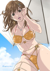 1girl adjusting_hair bikini breasts brown_eyes brown_hair cleavage dead_or_alive dead_or_alive_xtreme dead_or_alive_xtreme_venus_vacation earrings from_below gluteal_fold hair_between_eyes hair_lift hair_ornament hanging_breasts hiragoma jewelry large_breasts long_hair looking_at_viewer looking_down misaki_(doa) navel necklace open_mouth outdoors smile solo star_(symbol) star_ornament swimsuit tucking_hair umbrella water_drop wet wet_clothes wet_hair wet_swimsuit yellow_bikini