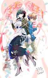 Rule 34 | 1boy, 1girl, apron, black boots, black eyes, black hair, black jacket, black skirt, blue jacket, boots, braid, braided ponytail, breasts, brown hair, closed mouth, commentary request, confetti ball, copyright name, earrings, full body, gloves, hair ribbon, hand up, highres, jacket, jewelry, kimi wa meido-sama, large breasts, long hair, looking at viewer, looking back, maid, maid apron, maid headdress, open clothes, open jacket, pants, parted lips, red ribbon, ribbed shirt, ribbon, shirt, shotan, signature, skirt, waist apron, white apron, white gloves, white pants, white shirt, yokoya hitoyoshi, yuki (kimi wa meido-sama)