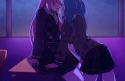 2girls after_kiss badge blue_hair classroom desk hatsune_miku head_out_of_frame highres hikari_kiiro long_hair megurine_luka multiple_girls night no_eyes pink_hair project_sekai saliva saliva_trail school school_uniform sitting star_(sky) twintails vocaloid window yuri