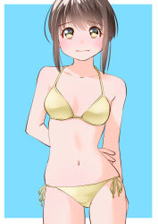 1girl arm_behind_back bikini blue_background border brown_eyes brown_hair commentary embarrassed halterneck looking_at_viewer mixed-language_commentary navel original outside_border side-tie_bikini_bottom sidelocks simple_background solo standing swimsuit white_border yamanaka_kouji_(yanchiki2001) yellow_bikini
