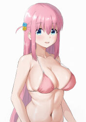 Rule 34 | 1girl, absurdres, armpit crease, bare arms, bare shoulders, bikini, blue eyes, bocchi the rock!, breasts, cleavage, collarbone, cube hair ornament, desperate airpo, gotoh hitori, hair between eyes, hair ornament, highres, large breasts, long hair, looking at viewer, navel, one side up, open mouth, pink bikini, pink hair, simple background, smile, solo, stomach, swimsuit, upper body, white background