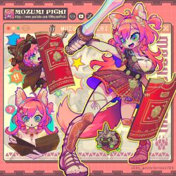 ! !! 1girl ? absurdres ahoge animal_ear_fluff animal_ears armor arrow_(projectile) black_gloves blue_hair book breasts chainmail character_name cleavage commission diamond-shaped_pupils diamond_(shape) fang fingerless_gloves gladius gloves green_eyes hair_ornament highres holding holding_shield holding_sword holding_weapon laurel_crown mimimilook765 mozumi_pichi mozumi_pichi_(roman) mozzumite_(mozumi_pichi) multicolored_hair one_side_up open_book open_mouth orange_hair roman_armor sandals scutum second-party_source shield skeb_commission spoken_question_mark star_(symbol) streaked_hair sword symbol-shaped_pupils tail v-dere weapon wolf_ears wolf_girl wolf_tail youtube_username