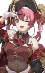 1girl absurdres arrow_through_heart ascot bare_shoulders bicorne black_choker black_coat black_hat breasts brooch buttons choker cleavage coat commentary_request covered_navel cropped_jacket eyepatch frilled_choker frills gloves gold_trim hair_between_eyes hair_ribbon hat highres hololive houshou_marine jacket jewelry lapel_pin lapels large_breasts leotard leotard_under_clothes long_hair long_sleeves looking_at_viewer notched_lapels off_shoulder one_eye_closed open_mouth pirate pirate_hat red_ascot red_hair red_jacket red_ribbon red_skirt ribbon see-through_clothes see-through_cleavage see-through_leotard simple_background skirt sleeveless sleeveless_jacket solo tachibana_wataru_(123tsuki) teeth twintails unworn_eyepatch upper_body upper_teeth_only virtual_youtuber white_background white_gloves yellow_eyes