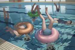 6+girls :t afloat bare_legs barefoot black_hair feet holding_breath indoor_pool innertube multiple_girls one-piece_swimsuit original partially_submerged pool reflection ripples swim_ring swimsuit tensen_(dotted_line) underwear upside-down water what