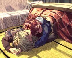 2girls black_sweater blue_jacket blue_sweater classroom closed_eyes commentary couple doki_(oox3o) girls_band_cry grey_hair highres hug indoors iseri_nina jacket kawaragi_momoka kotatsu long_hair lying multiple_girls on_back red_hair short_hair sketch sleeping sleeping_on_person slice_of_life sweater table tatami under_kotatsu under_table yuri